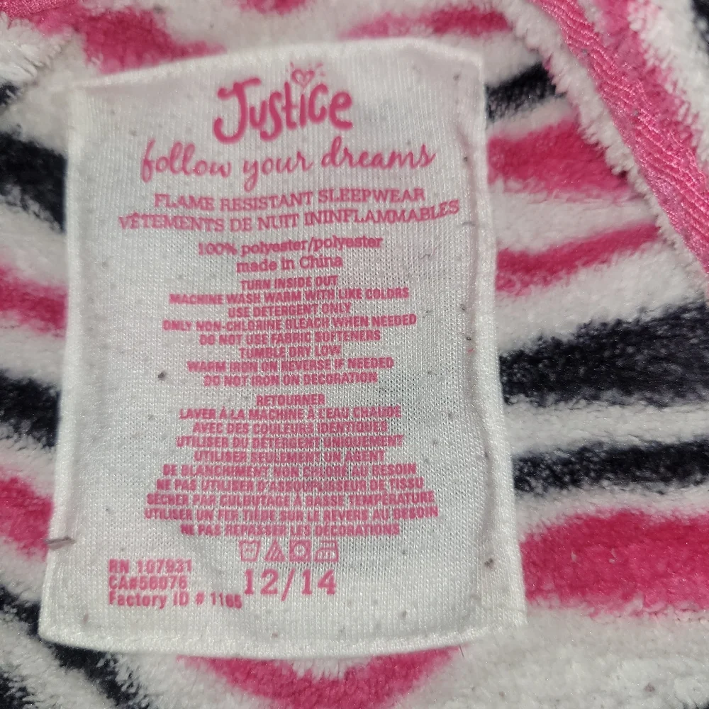 Justice girls pink and black zebra print bathrobe size 12/14